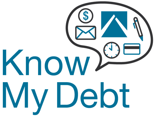 Text reading "know my debt" is located on the bottom left of the image with a thought bubble coming out of the words. The images in the thought bubble are a coin, pen, credit card, clock, envelope, and a scale.
